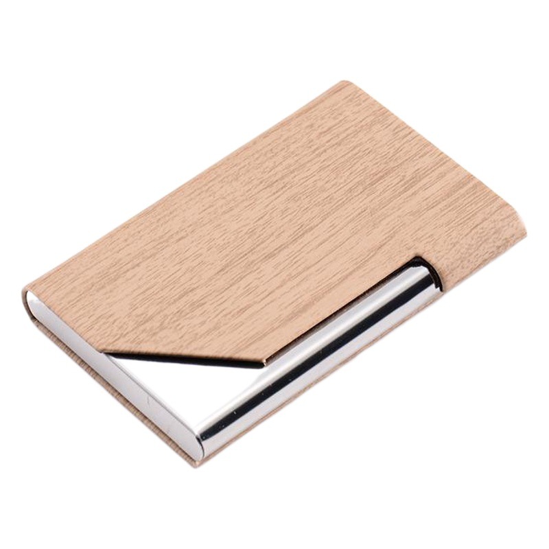 Caja de tarjeta de visita al por mayor de fábrica titular de tarjeta de visita caja de tarjeta de PU de grano de madera de acero inoxidable caso de tarjeta de visita logotipo imprimible