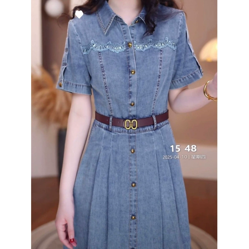 Модное новое джинсовое платье из чесаного хлопка, летнее джинсовое платье с короткими рукавами 2025, элегантная юбка для похудения талии, уменьшающая возраст