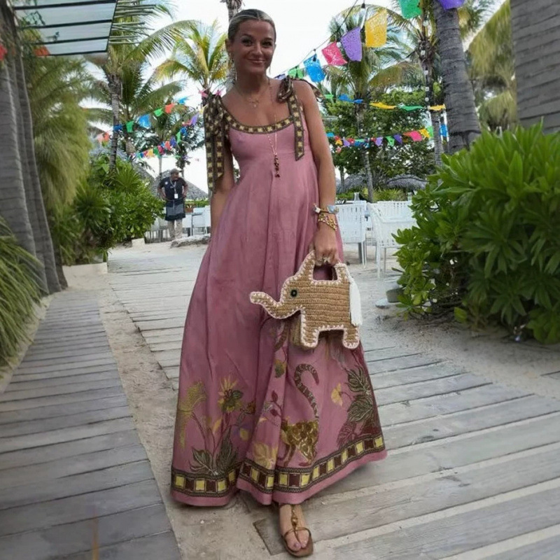 Floral Print Linen Strap Pocket Maxi Dress Bohemian Style Vacation Flared Dress European and American Linen Floral Print Linen Strap Pocket Maxi Dress Bohemian Style Vacation Flared Dress European and American Linen