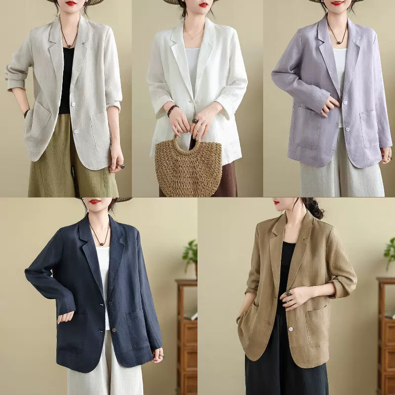 实拍2025年早秋新款长袖棉麻小西装宽松贴口袋小西服休闲外套女