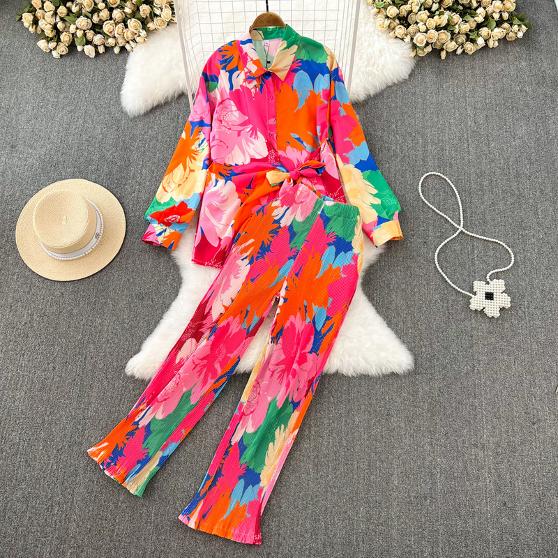 Fashion suit Women's Casual Loose Long-sleeved Single-breasted Shirt Two-piece Set High Waist Slimming Tie-dyed Printed Wide-leg Pants