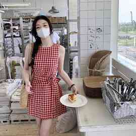 thhal 伯爵红茶 红格子无袖连衣裙女夏绝美海边背心裙