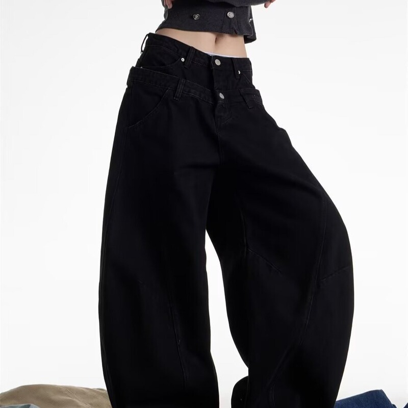 American Retro Double-Waistband Washed Scimitar Jeans for Women, Spring and Autumn Season, Loose Wide-Leg Drapey Silhouette Straight Pants American Retro Double-Waistband Washed Scimitar Jeans for Women, Spring and Autumn Season, Loose Wide-Leg Drapey Silhouette Straight Pants