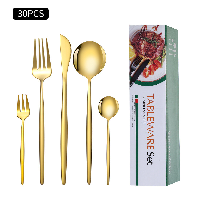 Cruz-Frontera de acero inoxidable vajilla portugués cuchillo y tenedor conjunto de 30 piezas de comida occidental cuchillo de filete de oro y cuchara de la caja de regalo