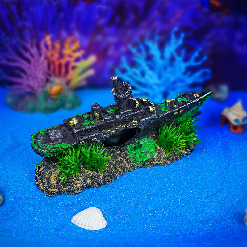 Explosiva simulación buque de guerra, acuario, decoración de paisajismo, decoración de la casa de escape, naufragio de resina transfronterizo, pequeña rocalla