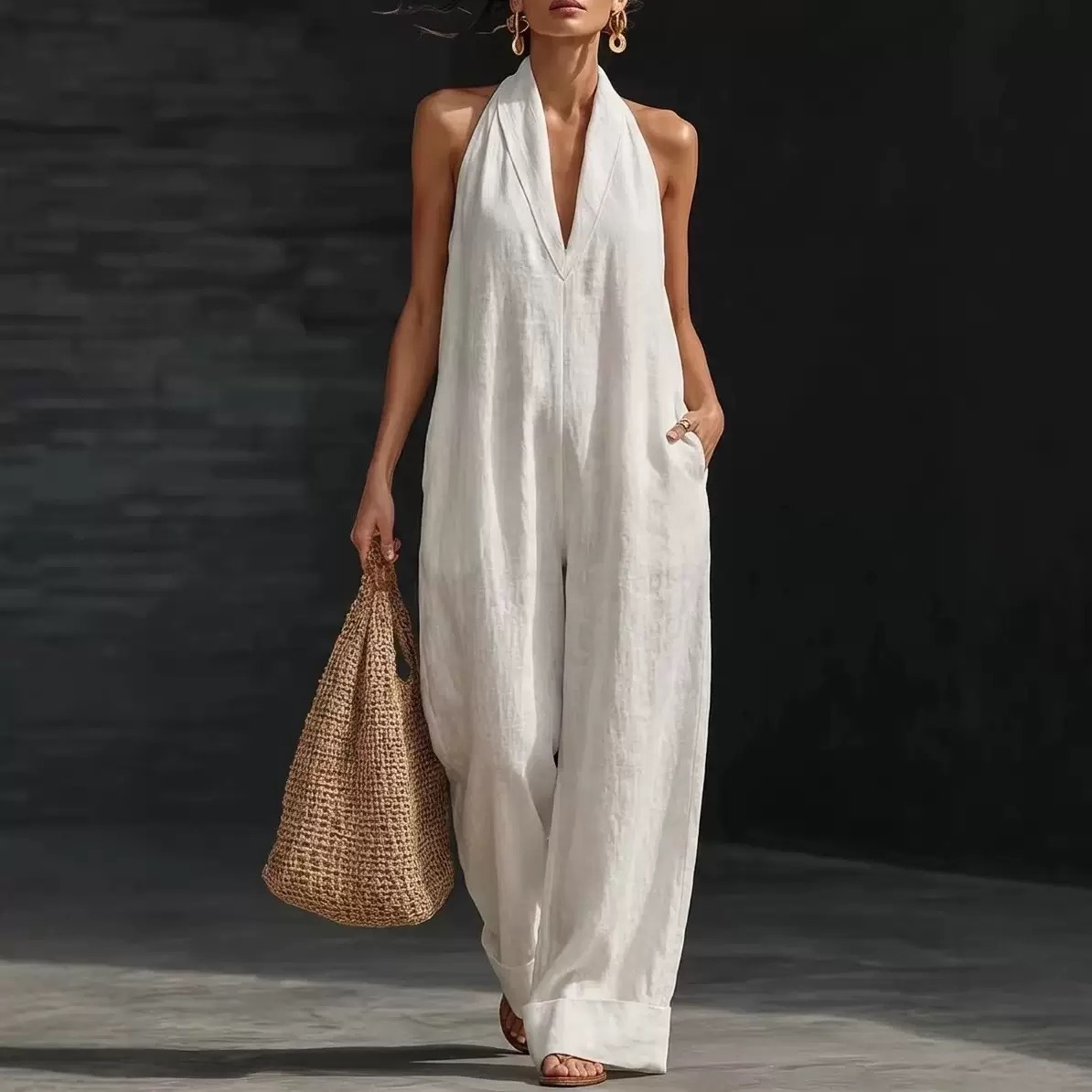 Summer Casual Solid Color Women's Jumpsuit Sleeveless V Neck_ecoleips.com