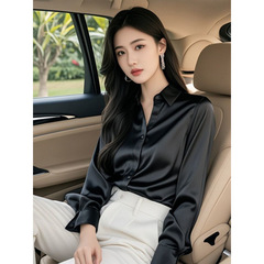 2025春秋新款感气质醋酸缎面黑色衬衫女长袖职业抗皱内搭衬衣