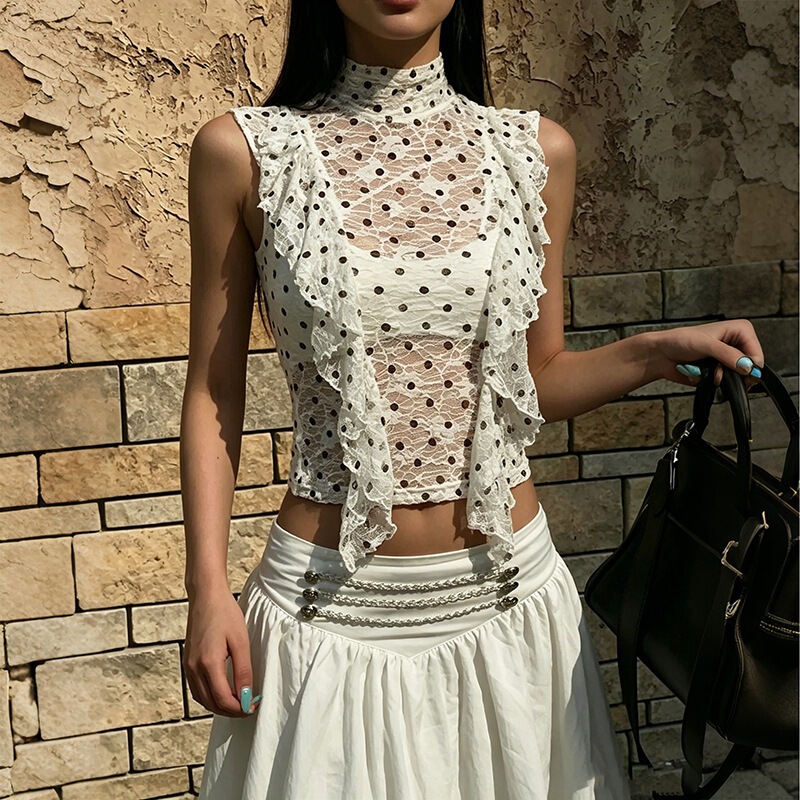 K6L10937A Cross-Border European and American Style 2026 Summer New Women's Polka Dot Lace Sexy See-Through High-Neck Top