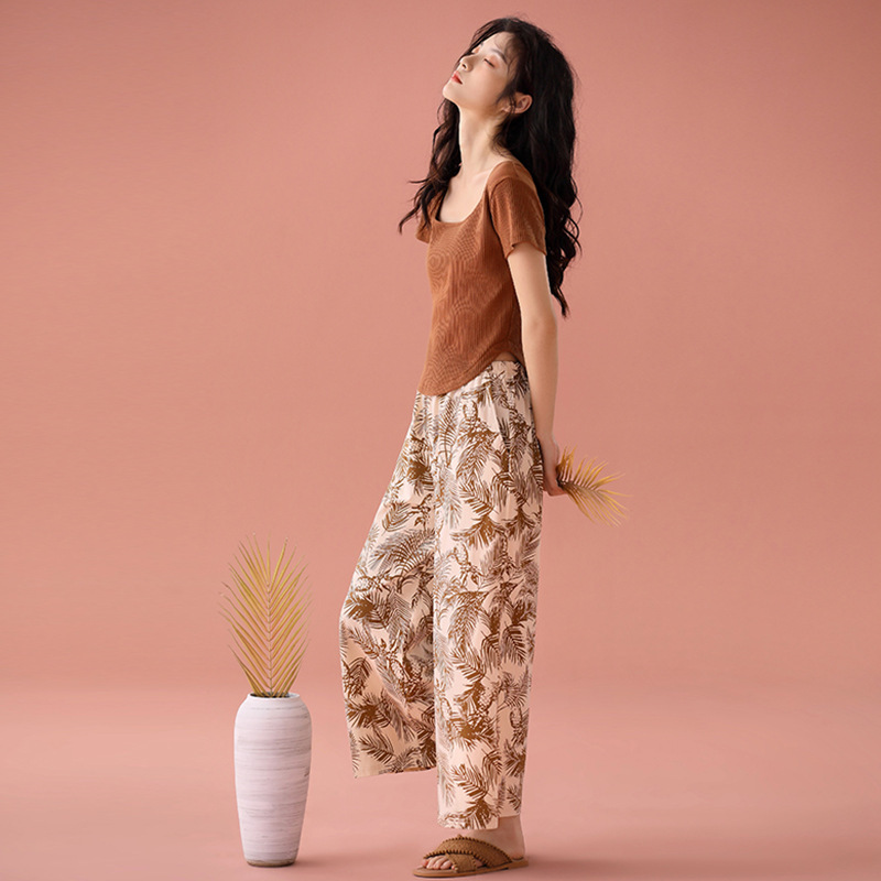 Pajamas Women's Summer Pure Cotton Short-sleeved Trousers High-end Sense with Chest Pad Home Clothes Spring and Summer Fashionable Wide Leg Pants Set