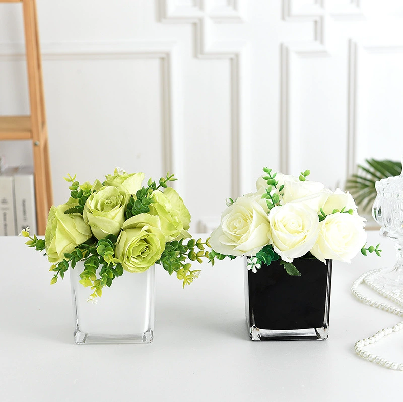 Черно-белая серебряная квадратная стеклянная ваза, набор искусственных цветов, модель комнаты, журнальный столик, конференц-стол для переговоров, украшение ручной работы