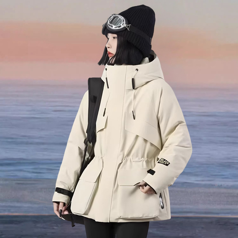 High-End Black Gold Goose down Jacket for Women, Outdoor Cold-Proof Jacket, 90 Goose down Waist-Cinching Mid-Length down Jacket, Trendy