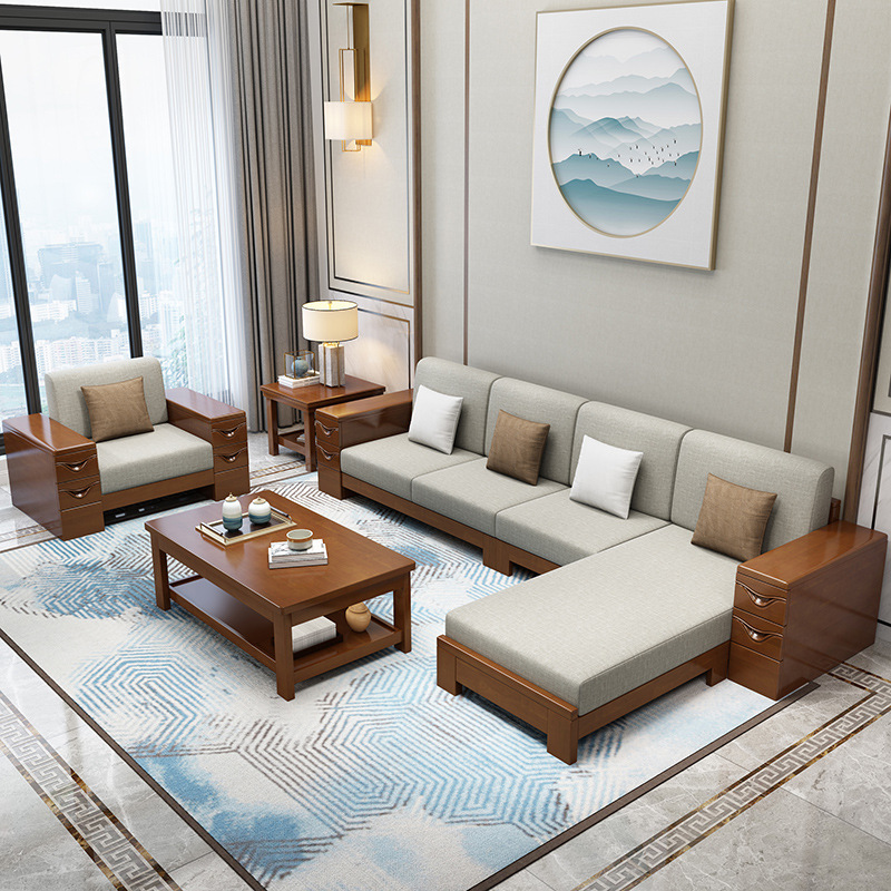 Solid Wood Sofa Set Living Room Chinese Style Summer/Winter Dual-Purpose Small Apartment Fabric Sofa Modern Simple Storage Sofa