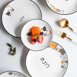 北欧猫咪盘子菜盘深盘家用陶瓷创意套装组合网红可爱碟子宝寿堂贸
