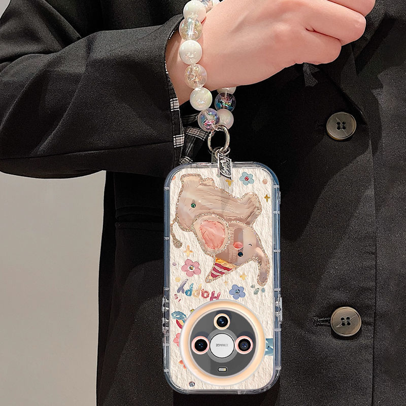 Huawei 社の新しい mate70 携帯電話ケースに適しています。吊り下げチェーン付き、オールインクルーシブの落下防止 mate60pro かわいい油絵の象|undefined