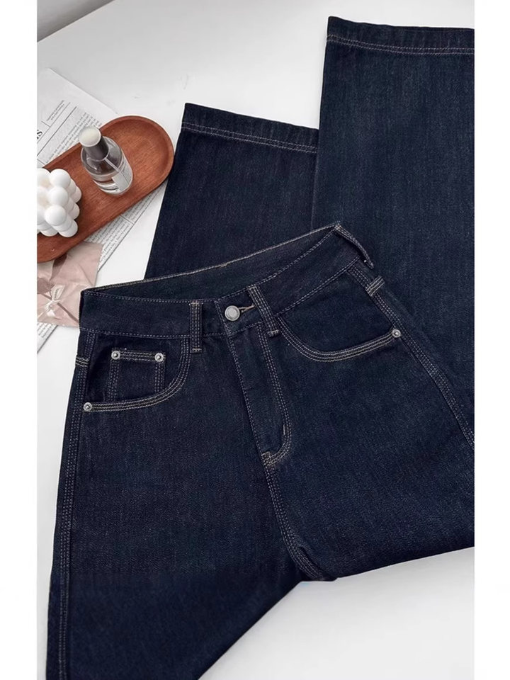 Quần jean nữ ống đứng cạp cao dáng suông ống rộng, chất denim dày, có bản lót lông cừu — Denim Blue-Small (dưới 158cm), Ningdan màu xanh kéo dài (trên 164cm), Quần denim màu xanh (dưới 163), Ning Dan Blue Extended (Lót lông cừu, cao 164cm+)