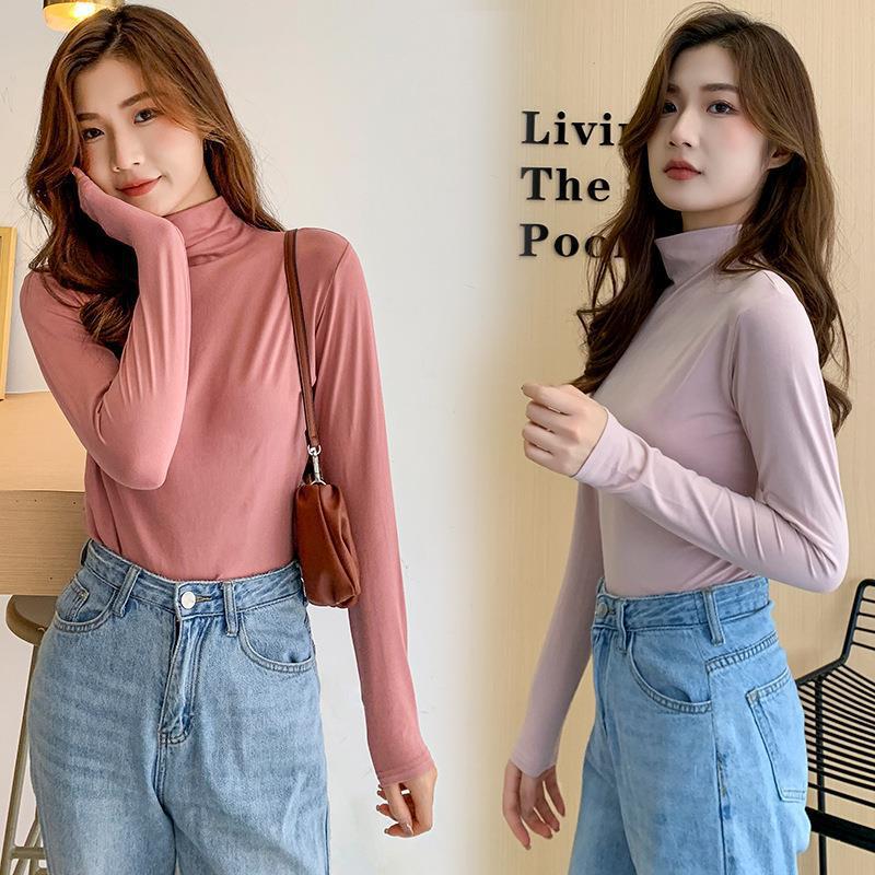 Women's half turtleneck bottoming shirt 2024 Spring and Autumn new high elastic plus size solid color inner wear simple slim-fit long-sleeved top for women