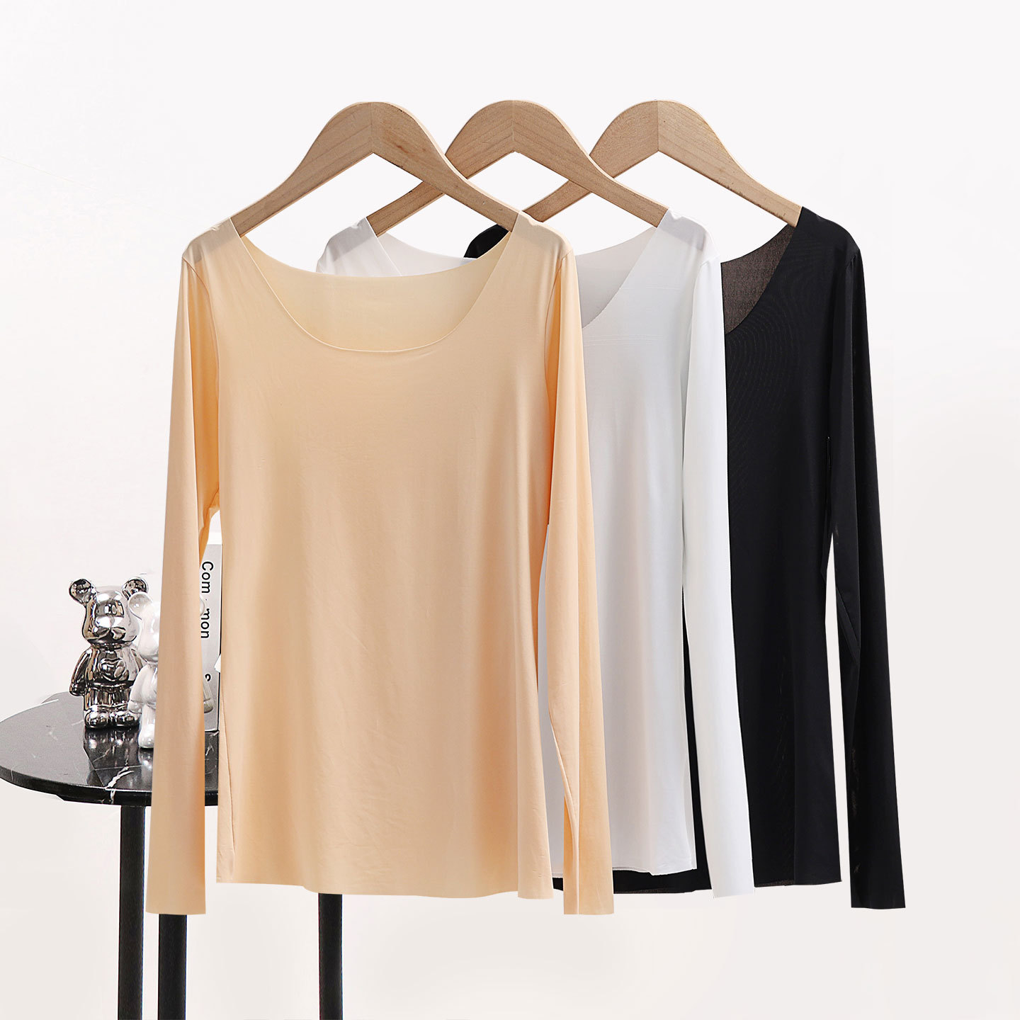 Spring and Autumn women's ultra-thin seamless underwear low collar long sleeve bottoming shirt flesh color inner top ice silk tights skin bottom clothes