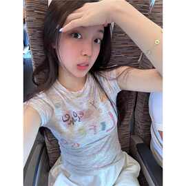原版面料彩绘印花正肩短袖t恤女夏季设计感小众修身显瘦收腰上衣