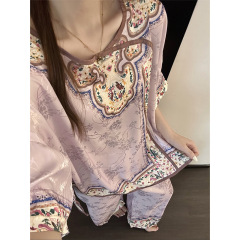 国风新中式古风温柔紫汉服睡衣女夏季2025新款短袖长裤套装家居服