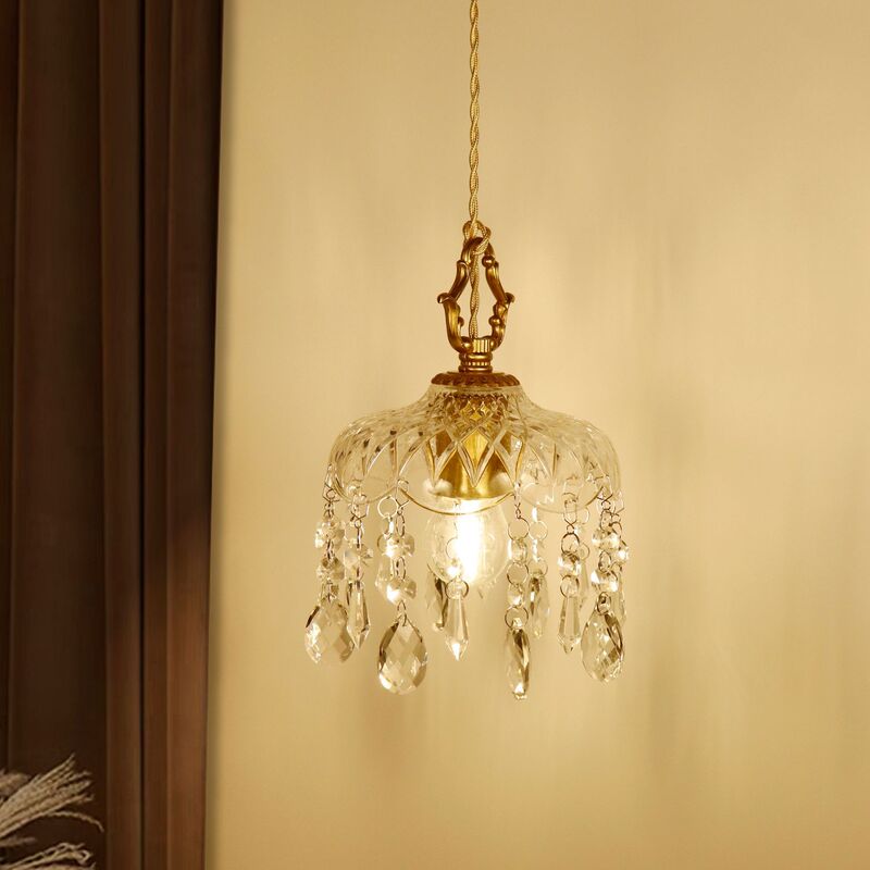 French Retro Light Luxury All Copper Crystal Small Chandelier Middle European Style Bedside Lamp for Bedroom Averway Entrance Lamp Balcony Lamp