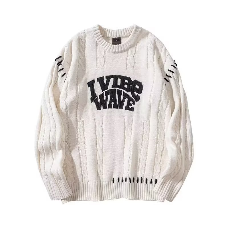 Tendencia de moda 2024 National Tide diseño original sentido alfabeto bordado correa torcido cuello redondo suelto suéter de nicho masculino