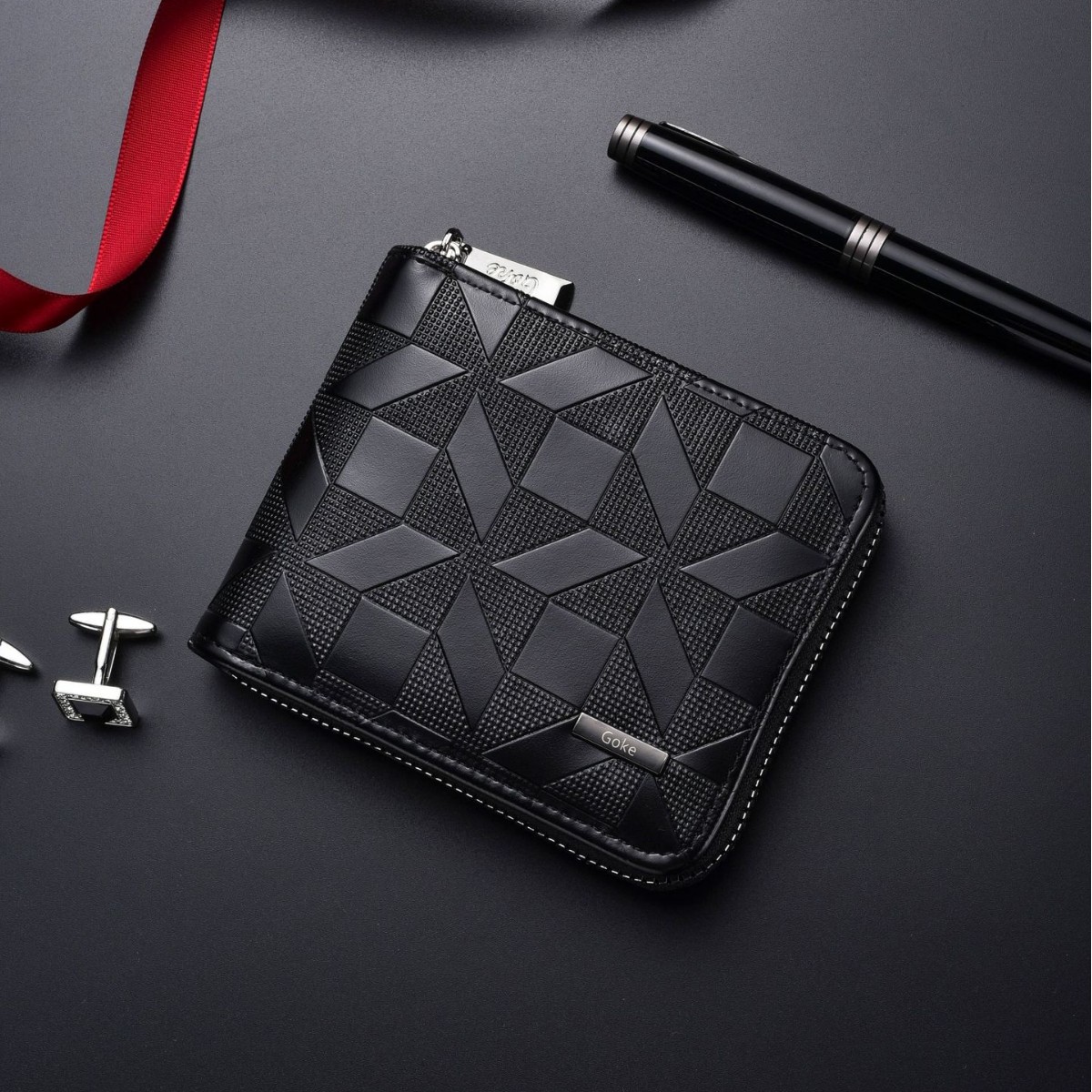 New men's short wallet with geometric embossing, zipper wallet for business youth, large-capacity card holder and coin purse