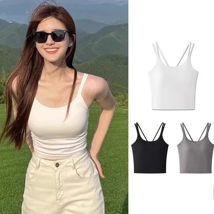 Internet Celebrity Style Pure Desire Cross-Strap Hollow-Out Backless Tank Top with Chest Pads and Fixed Cups, Suitable for Outerwear or as a Base Layer