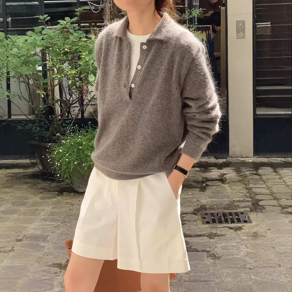 现货 纯色羊毛polo领针织衫女2025春韩东大门打底毛衣上衣oun*e
