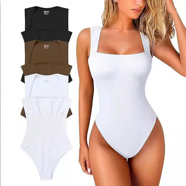 European and American Cross-Border 2024 Amazon Jumpsuit Sexy Ribbed Lace-Up Square Collar Sleeveless Vest Jumpsuit