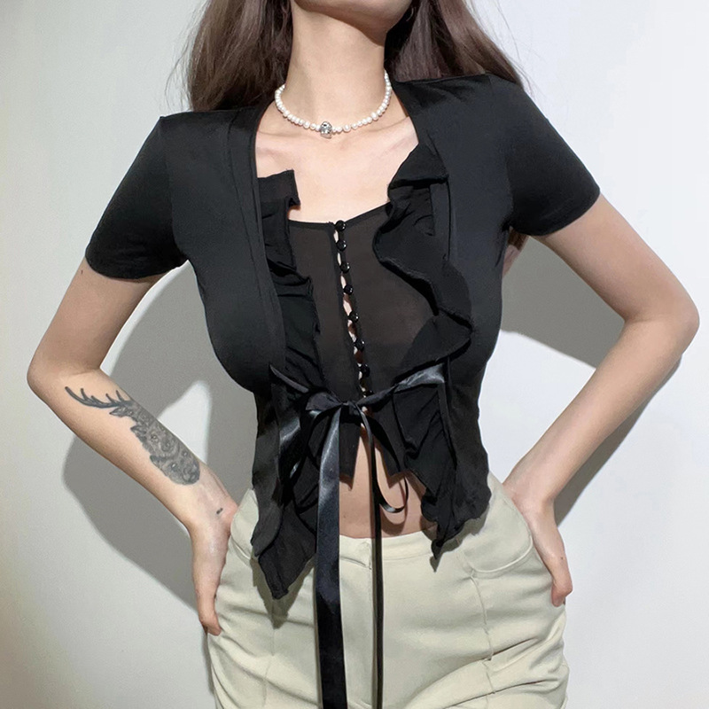 short-sleeved slim low-cut lace-up fungus edge solid color top NSCOK127216