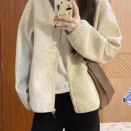 美式复古毛呢夹克女春秋季新款宽松休闲百搭立领卫衣开衫外套