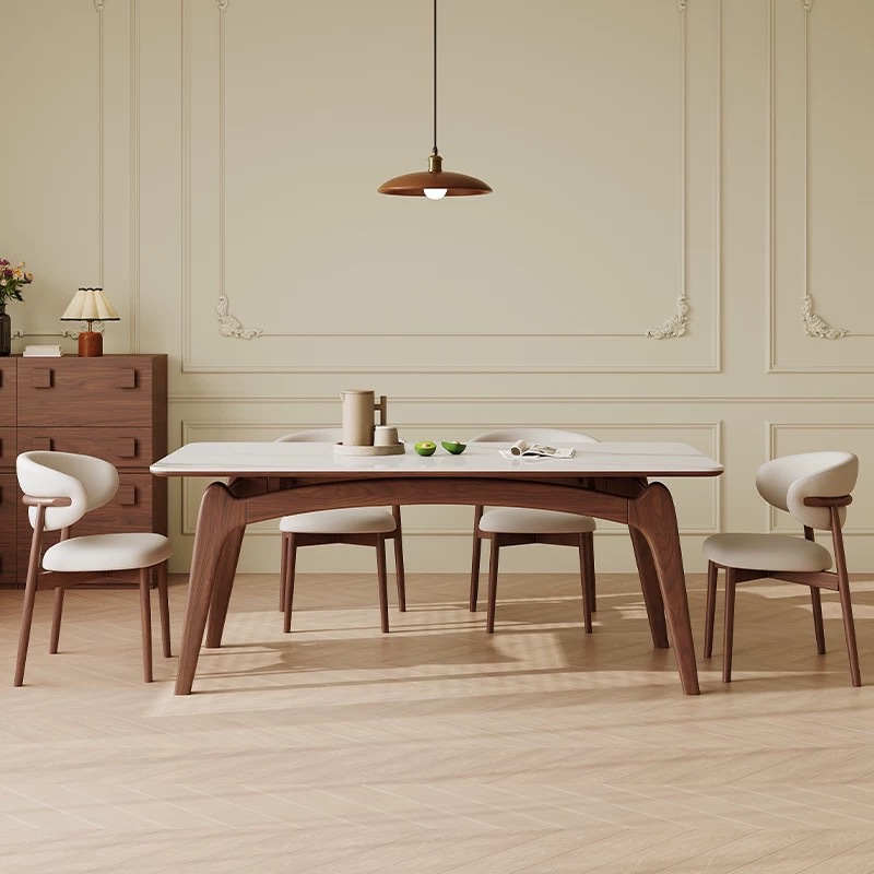 Mesa y silla de comedor de roca de Delifeng combinación rectangular moderna y simple casa pequeña crema viento mesa de comedor de madera de cera blanca