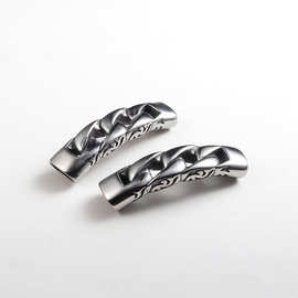 皮绳不锈钢花纹长管配件 欧美潮牌钛钢复古手环DIY材料配饰