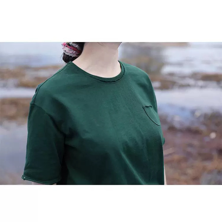 Spring and Summer Cotton Soft Knit Forest Green Round Neck Loose Pullover T-Shirt 2131 Green Fresh Short-Sleeved Loose Fit
