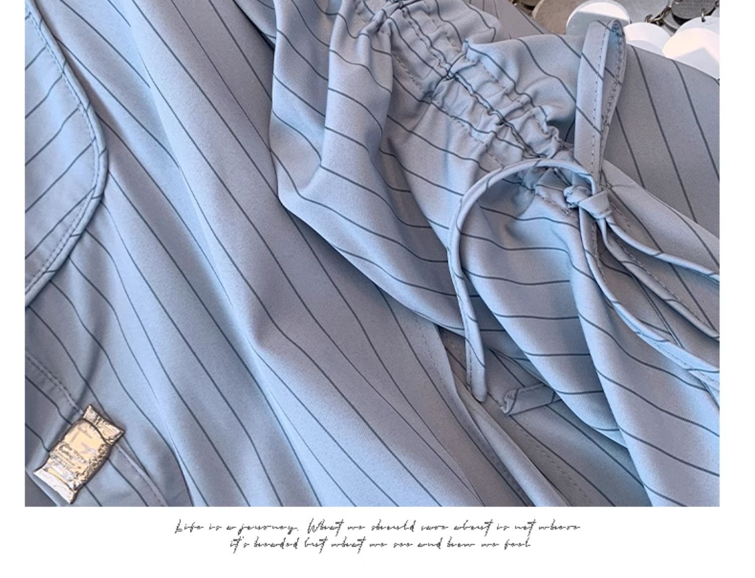 Design blue striped shirt women's spring and autumn new large size fat and thin medium and long irregular drawstring upper generation_voghion.com