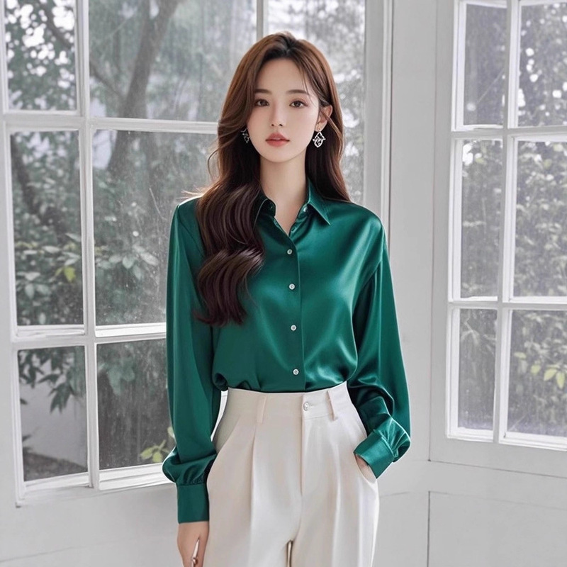 2025 Spring and Autumn New Style High-End Light Luxury Green Satin Shirt for Women, Long Sleeve, Stylish, Wrinkle-Resistant, Beautiful Base Shirt 2025 Spring and Autumn New Style High-End Light Luxury Green Satin Shirt for Women, Long Sleeve, Stylish, Wrinkle-Resistant, Beautiful Base Shirt