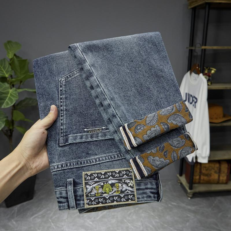 Jeans da uomo, bello ruffiano di fascia alta, ricami e stampe alla moda, vestibilità slim elastica, gamba dritta piccola,_voghion.com