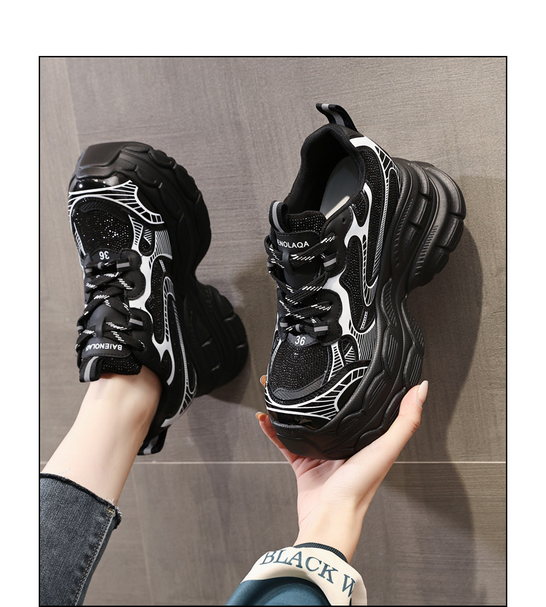 Giày sneaker nữ đế dày tăng chiều cao phối đá rhinestone — Màu đen chi tiết 17