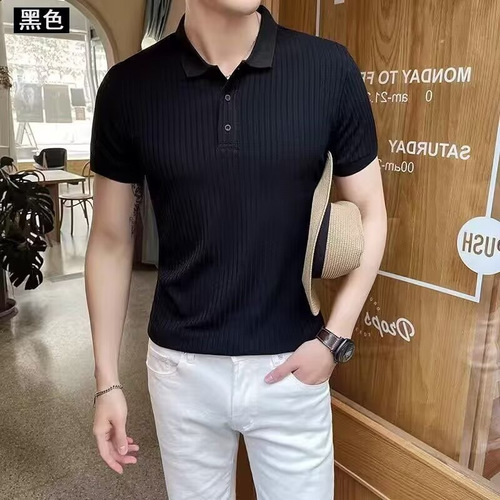 Ins Youth Crew Neck T-Shirt Plaid Knit Polo Shirt Short Sleeve Trendy Brand Summer Top Fashion Men's T-Shirt