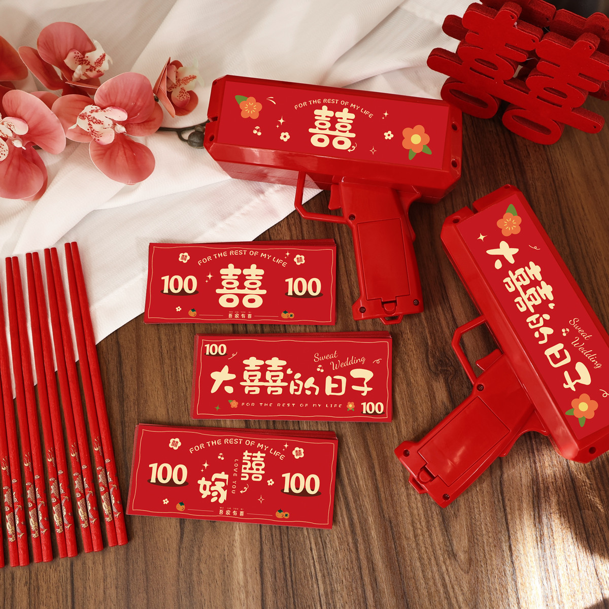 Pistola de rociador de dinero, palillos, tickets de casamiento, accesorios de bloqueo de puerta, novio, atmósfera de tickets de boda, máquina de rociador de tickets