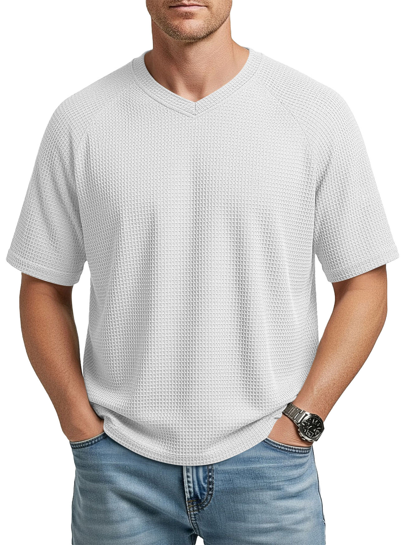 Europa y los Estados Unidos primavera y verano estación independiente transfronteriza hombre moda waffle tejido multifuncional manga de hombro cuello V camiseta de hombre de manga corta