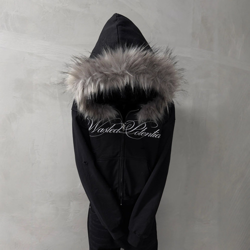 2026 Autumn and Winter Heavy Heavy European and American cross-border street personality all-matching Y2K wholesale fur collar hooded zipper sweaters for men and women