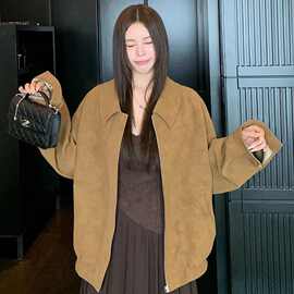 设计感独特美式复古秋冬新款宽松休闲百搭盐系翻领麂皮绒外套夹克