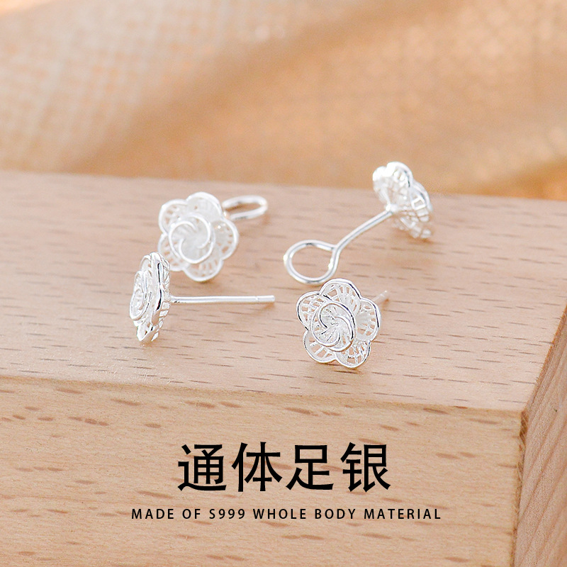 S999純銀鏤空花朵耳釘女韓版小清新迷你氣質百搭純銀耳飾品