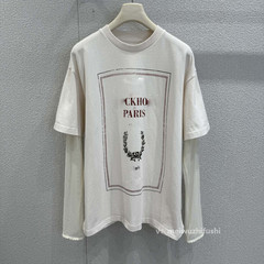 レタープリントフェイクツーピースメッシュ長袖Tシャツカジュアルルーズ万能ラウンドネックトップ初秋ZT62150