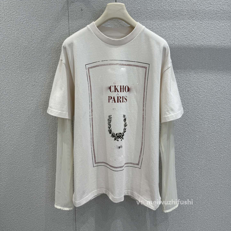 レタープリントフェイクツーピースメッシュ長袖Tシャツカジュアルルーズ万能ラウンドネックトップ初秋ZT62150|undefined