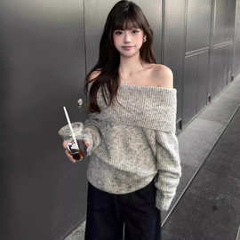 灰色露肩韩系套头毛衣女秋冬慵懒风宽松气质小个子长袖针织衫上衣