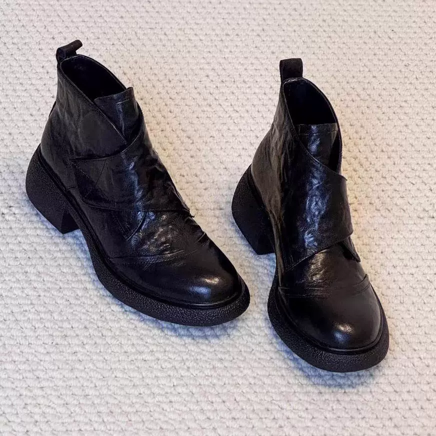 羊皮版~厚底魔术贴短靴英伦风一脚蹬通勤靴子小个子增高瘦瘦靴女