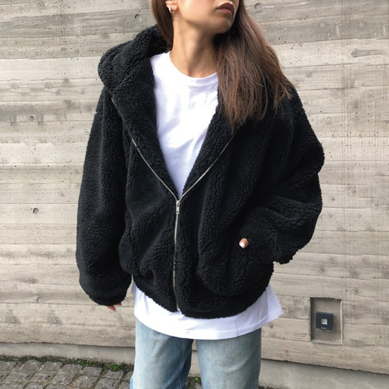 跨境欧美女装2025秋冬新款亚马逊时尚休闲宽松加绒纯色拉链外套女|undefined