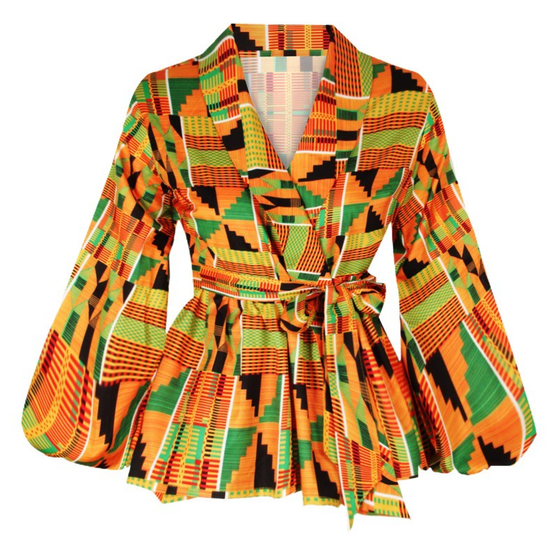 Африканский стиль цифровой кардиган с ремешком для женщин с рукавами фонаря V-образным вырезом куртка с длинными рукавами блузка оптом